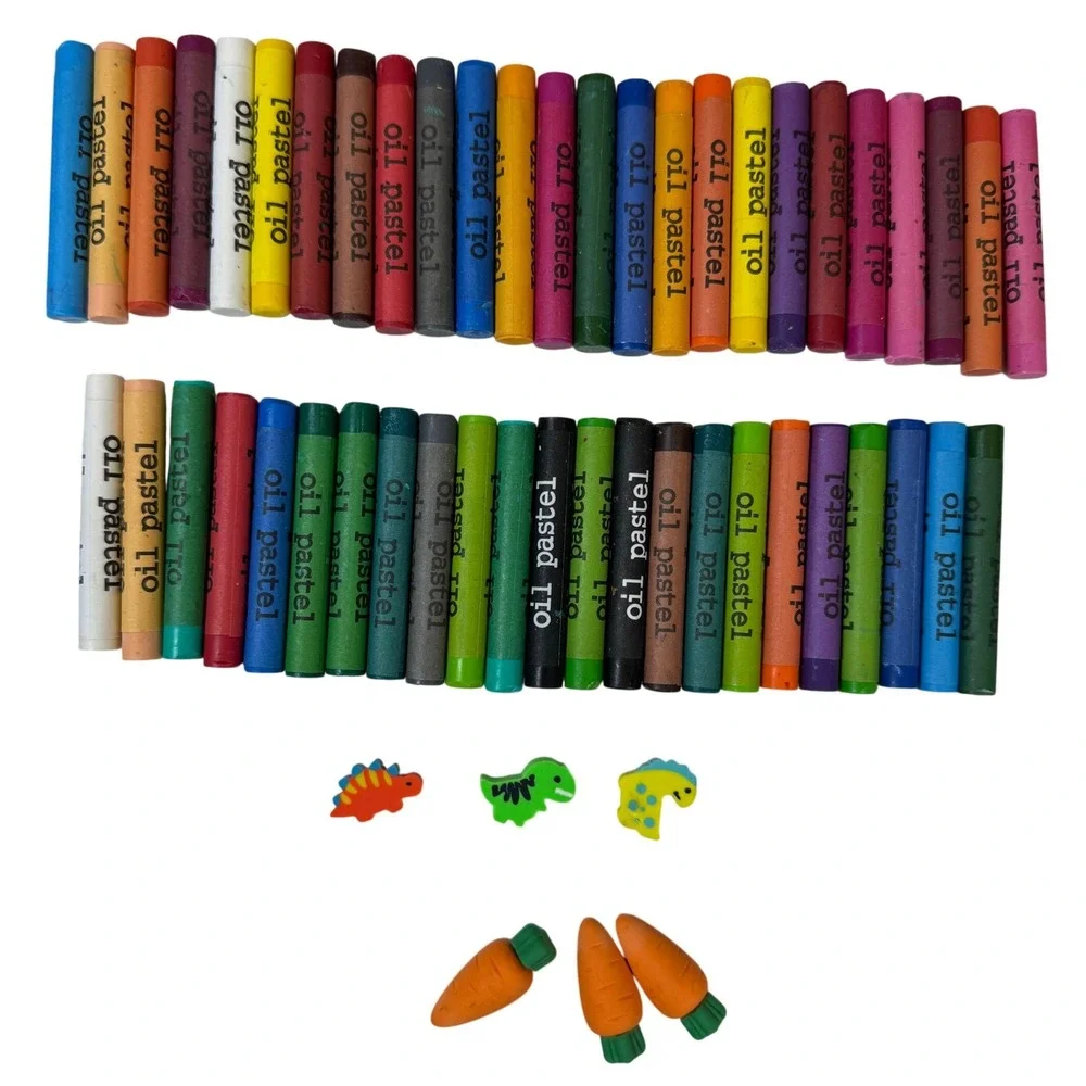 44 Piece Oil Pastel Art Set with Dinosaur and Carrot Novelty Erasers Bundle